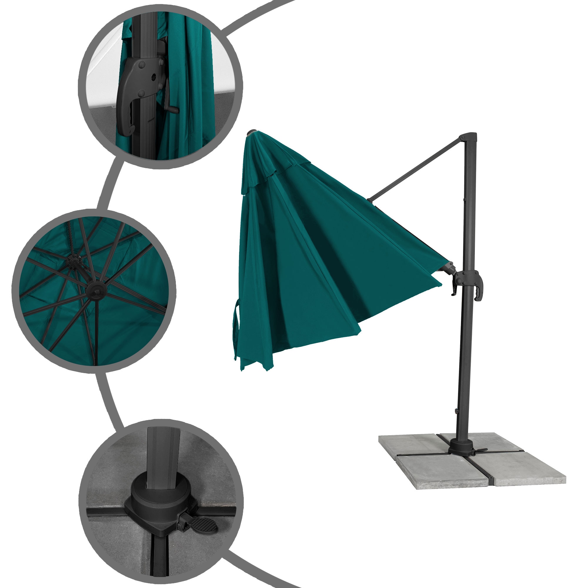 Ampelschirm mit Kurbelmechanismus und stabilem Standfuß, Schirmstruktur und Details sichtbar
