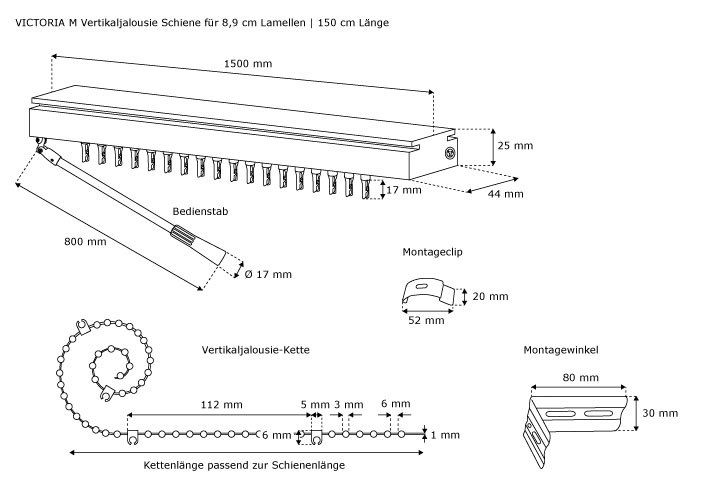 Alu Schiene für Vertikaljalousie Lamellenvorhang 8,9cm Lamellen