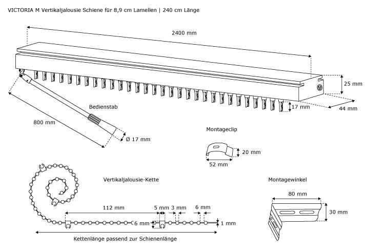 Aluminiumschiene für Lamellenvorhang VertikaljalousieSchiene für 8,9cm