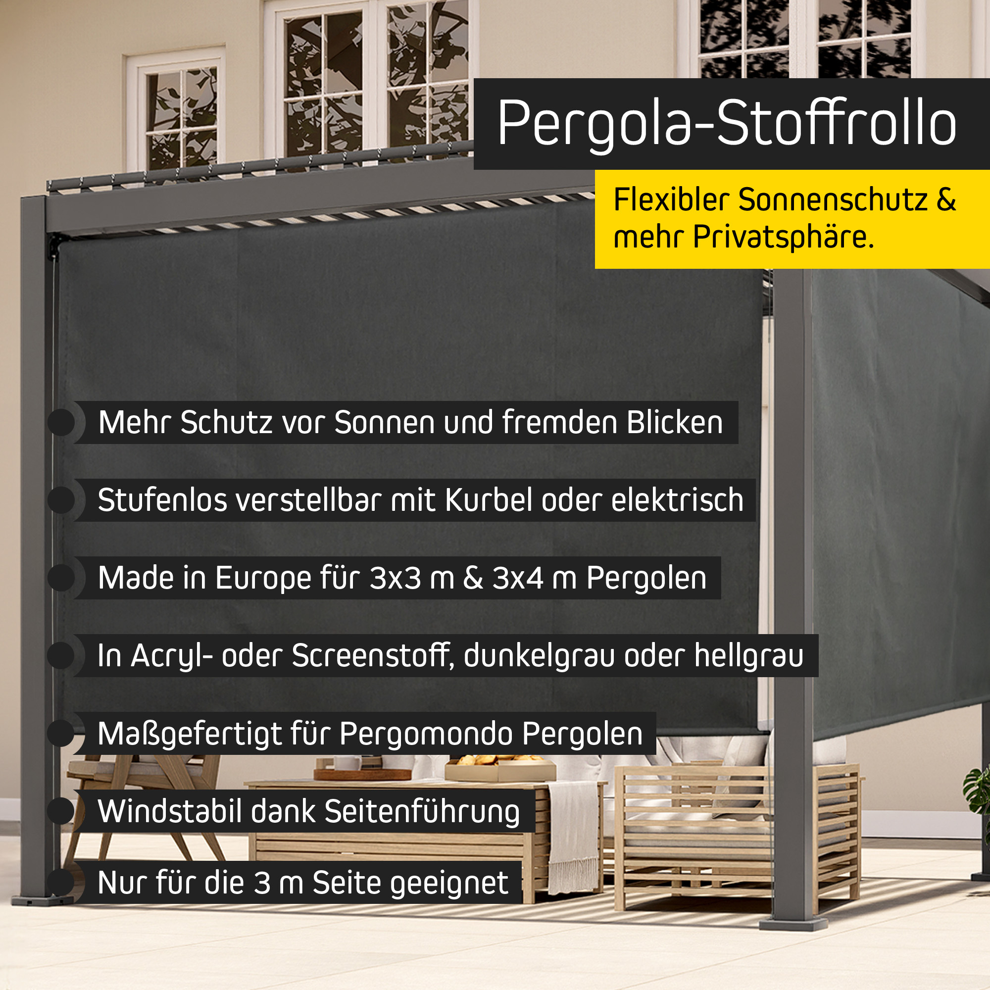 Außenrollo für Pergola mit Lamellendach - Pergola Stoffrollo