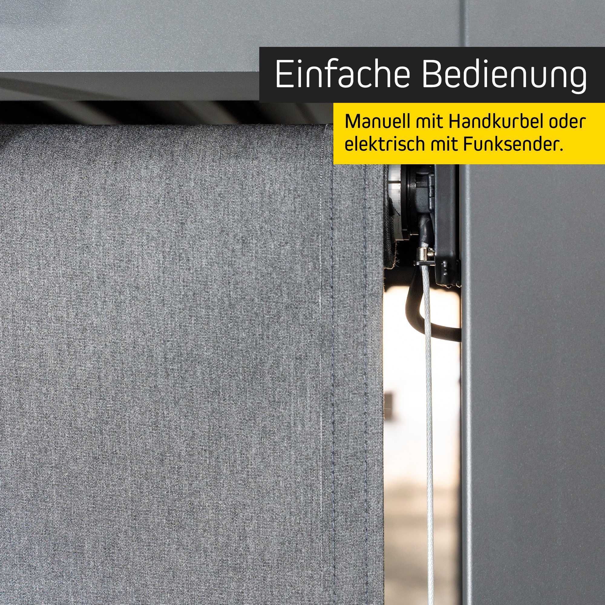 Außenrollo für Pergola mit Lamellendach - Einfache Bedienung: Kurbel o. Funkmotor