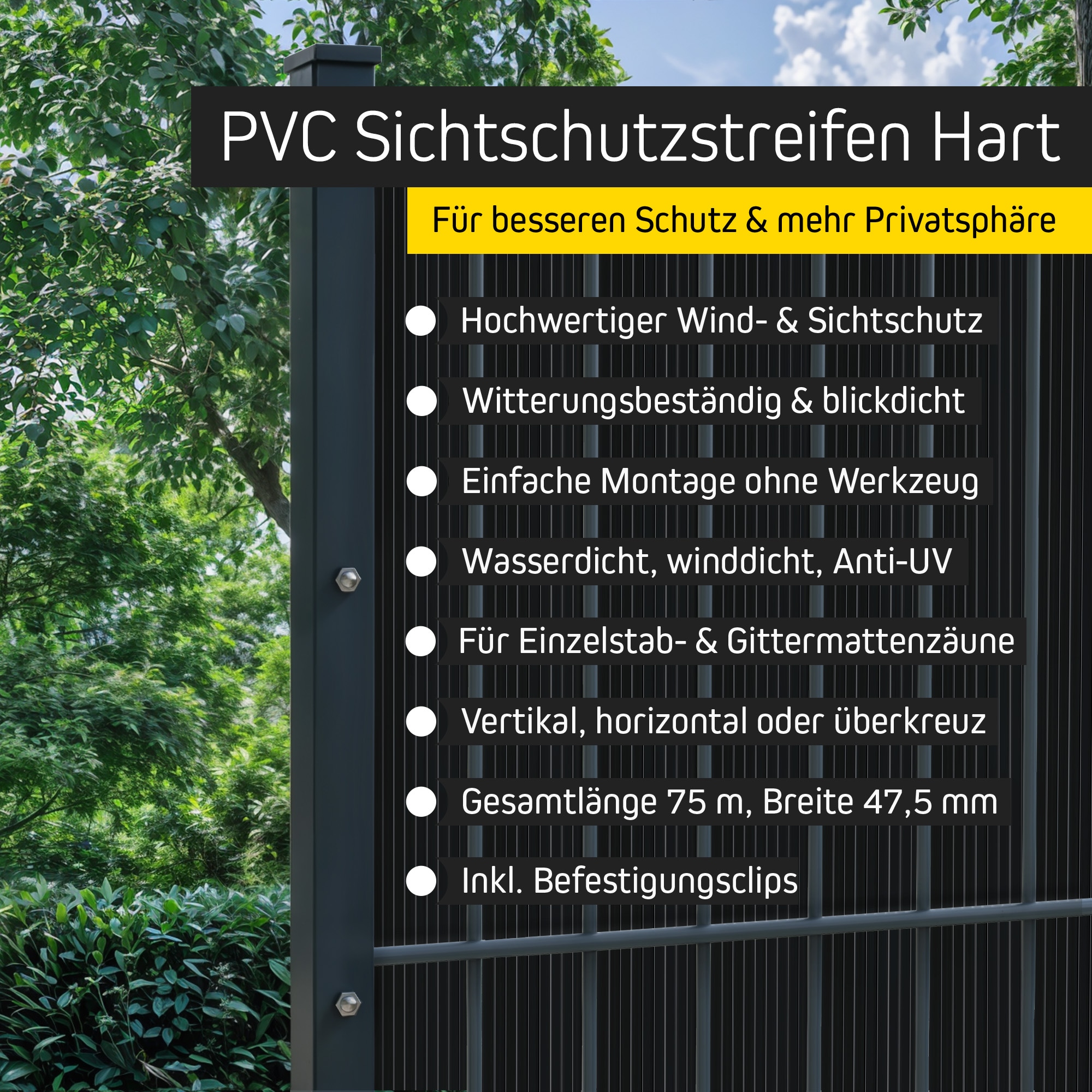 PVC-Sichtschutzstreifen für Zäune, witterungsbeständig, einfache Montage, inkl. Befestigungsclips