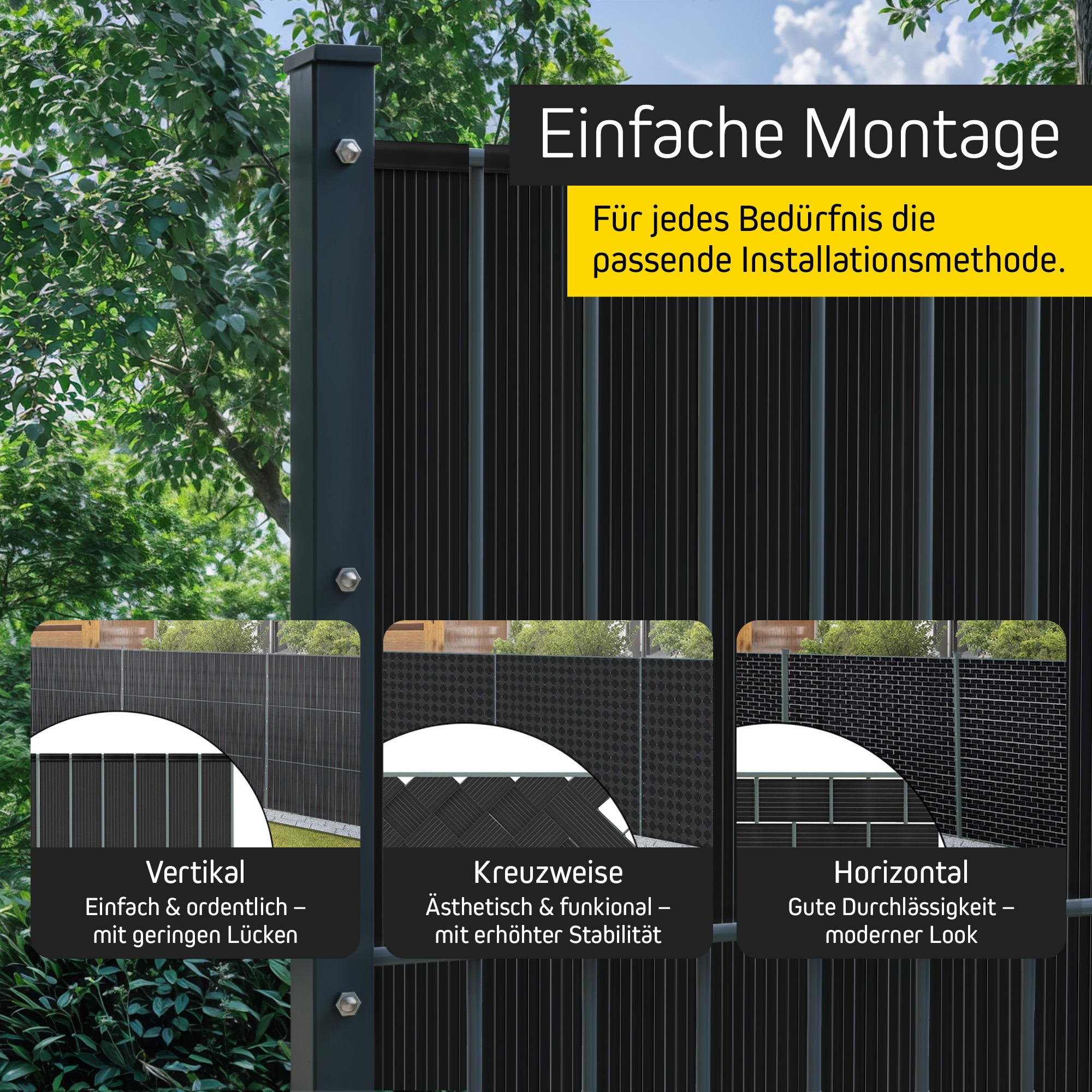 Zauninstallation mit drei Methoden: vertikal, kreuzweise, horizontal, einfache Montageoptionen