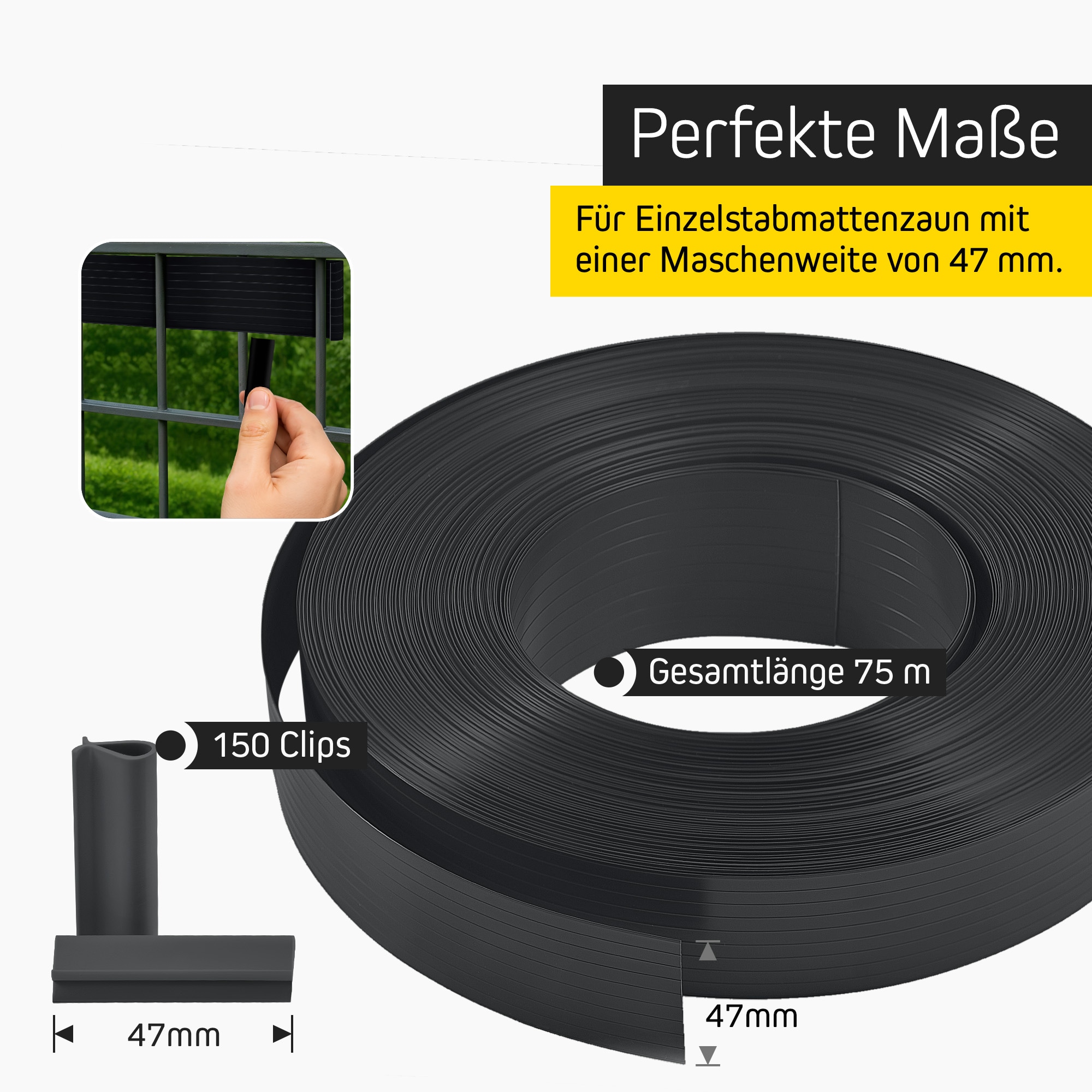 Rolle mit Zaunband und Clips für Einzelstabmattenzaun, Maschenweite 47 mm, Länge 75 m
